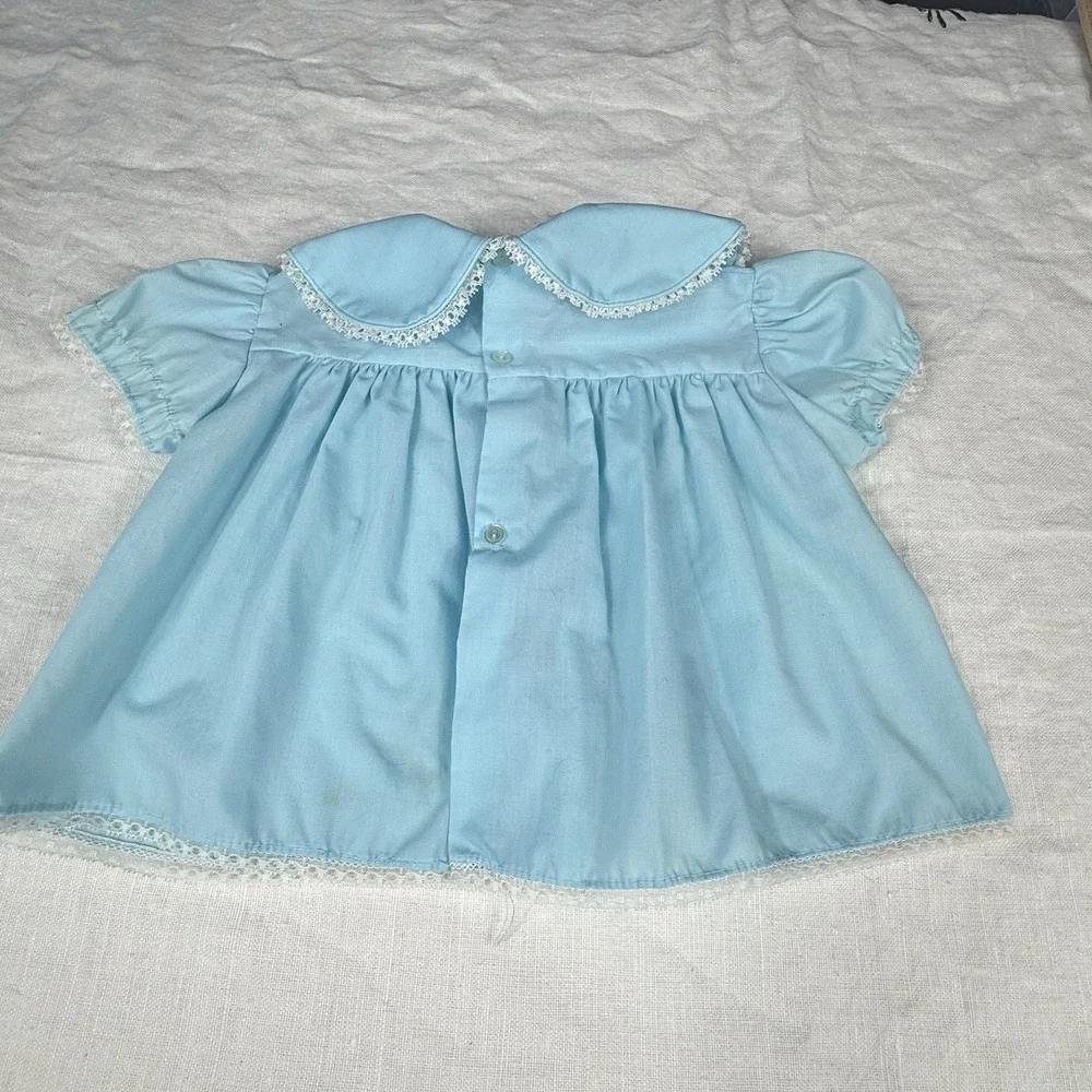 Vintage Baby Dress Girls 9-12M Blue Floral Embroidered Peter Pan Puff Sleeve